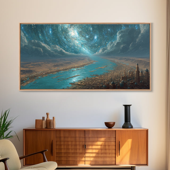 Cosmic Nile River City Under Swirling Galaxy Wall Art, Egyptian Inspired Landscape Canvas Print, Luxury Home Decor Poster