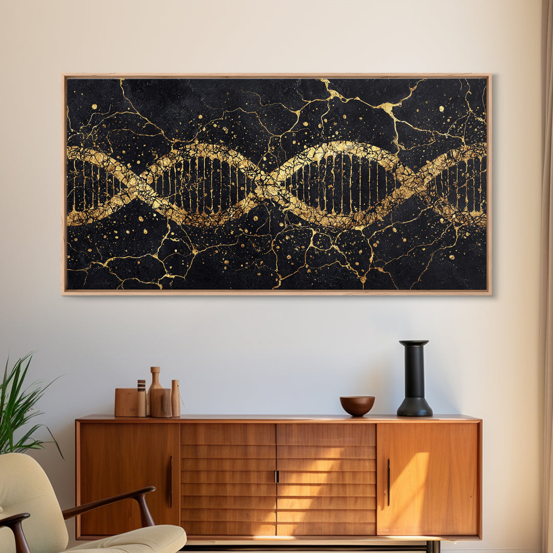 Gold DNA Helix On Black Marble Canvas Print, Science Inspired Abstract Wall Art, Modern Biology Decor, Luxury Office Artwork
