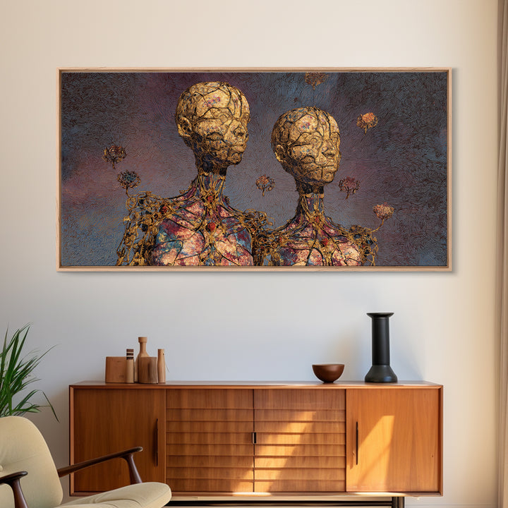 Golden Twin Figures With Floral Orbs Framed Canvas Print, Afrofuturism Decor, Abstract Portrait Wall Art, Luxury Home Decor