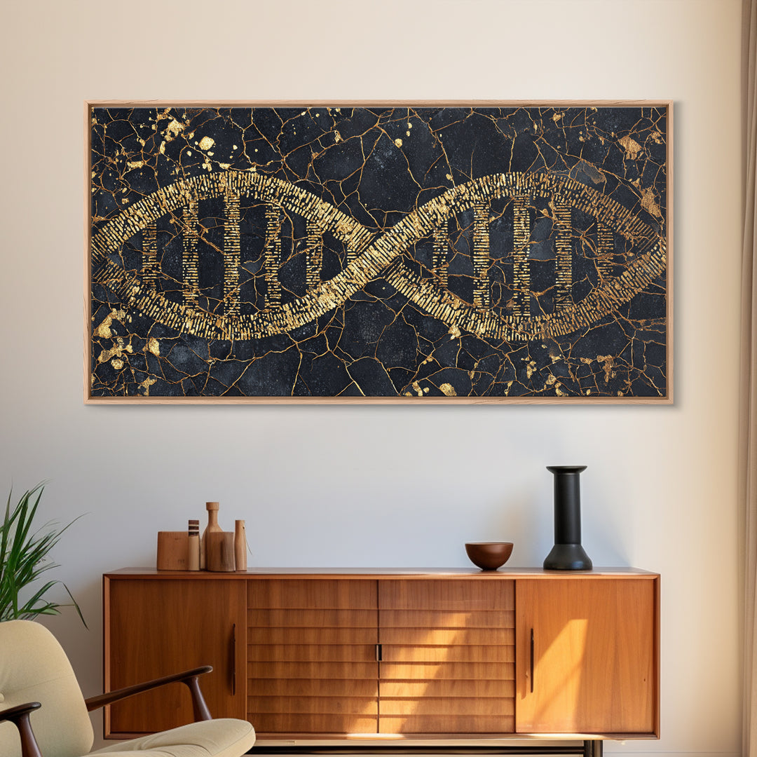 Ancient Gold DNA Strand Canvas Print, Black Marble Science Wall Art, Abstract Biology Decor, Luxury Modern Office Artwork