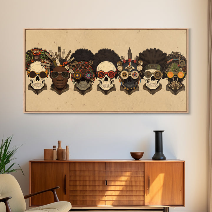 African Skull Lineup With Tribal Headdresses Wall Art, Afrocentric Decor, Cultural Artwork, Bold Canvas Print For Eclectic Home Decor