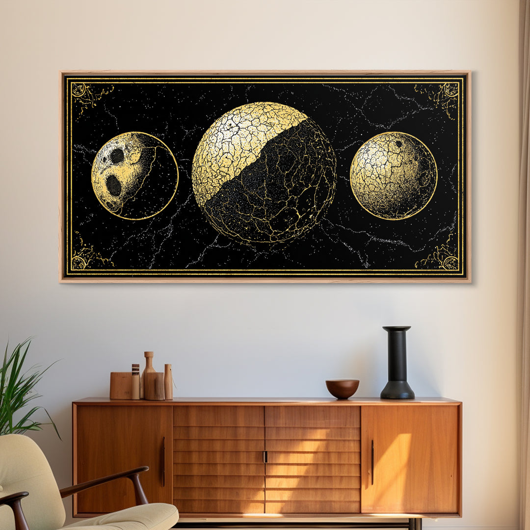 Gold Moon Phase Triptych Wall Art, Black Celestial Canvas Print, Lunar Astronomy Decor, Mystical Black And Gold Home Decor Gift