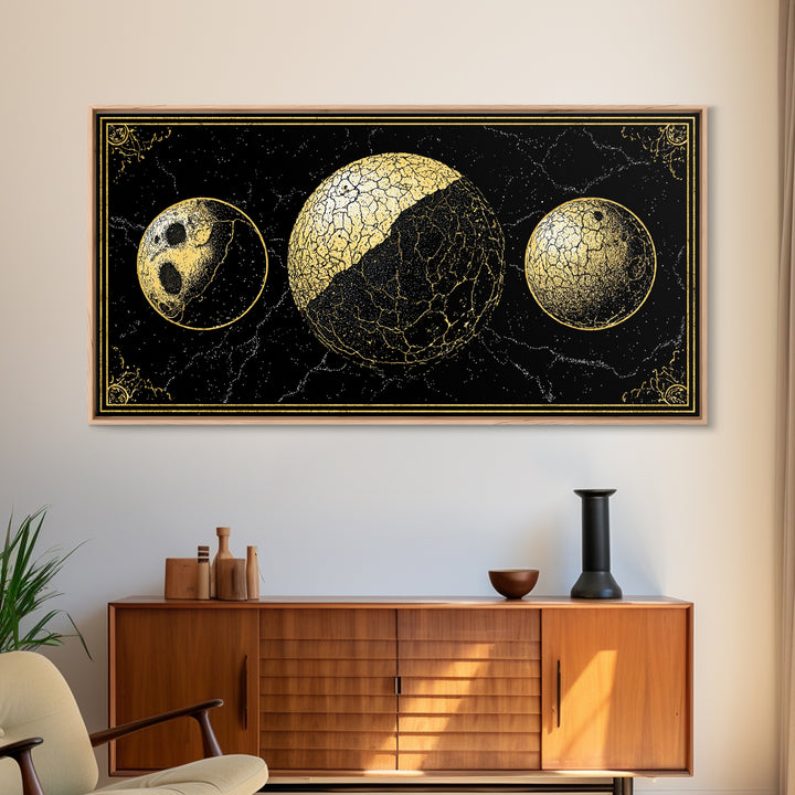 Gold Moon Phase Triptych Wall Art, Black Celestial Canvas Print, Lunar Astronomy Decor, Mystical Black And Gold Home Decor Gift