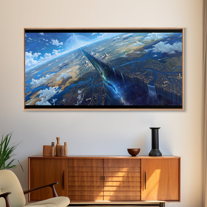 Futuristic Sky Spire Over Earth City Wall Art, Blue Sci Fi Landscape, Modern Canvas Art, Office Decor, Statement Wall Decor