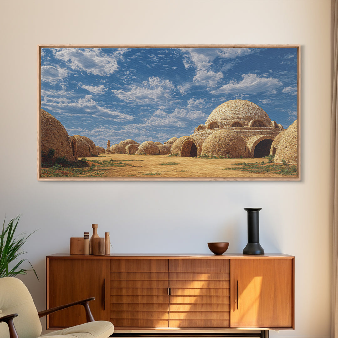 Sunlit Desert Dome Village Canvas Print, Earth Tone Wall Art, African Inspired Architecture, Boho Home Decor, Unique Wall Decor