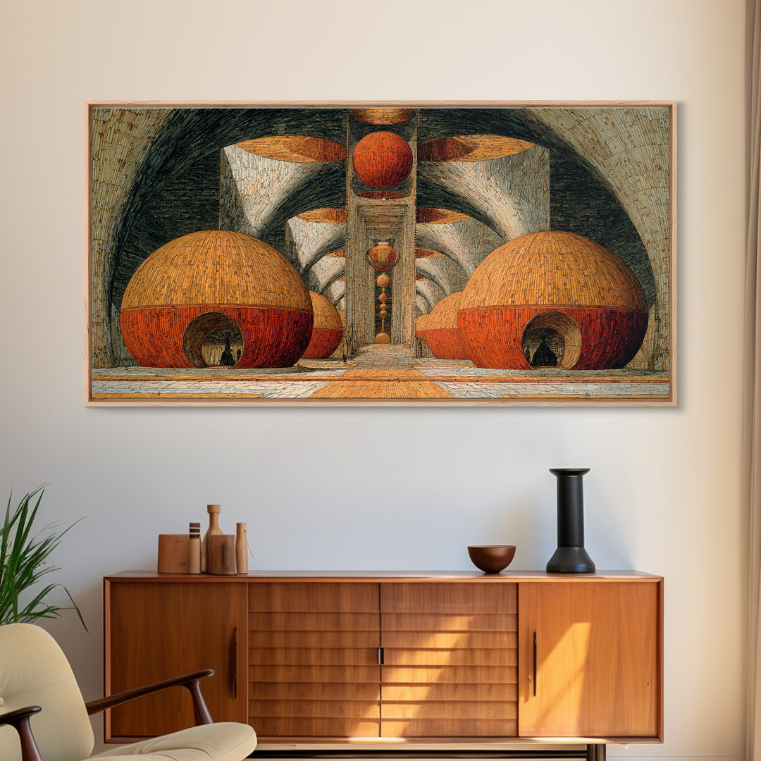 Abstract Orange Domes In Arched Hall Framed Canvas Print, Modern African Art Abstract, Geometric Wall Art, Bold Home Decor