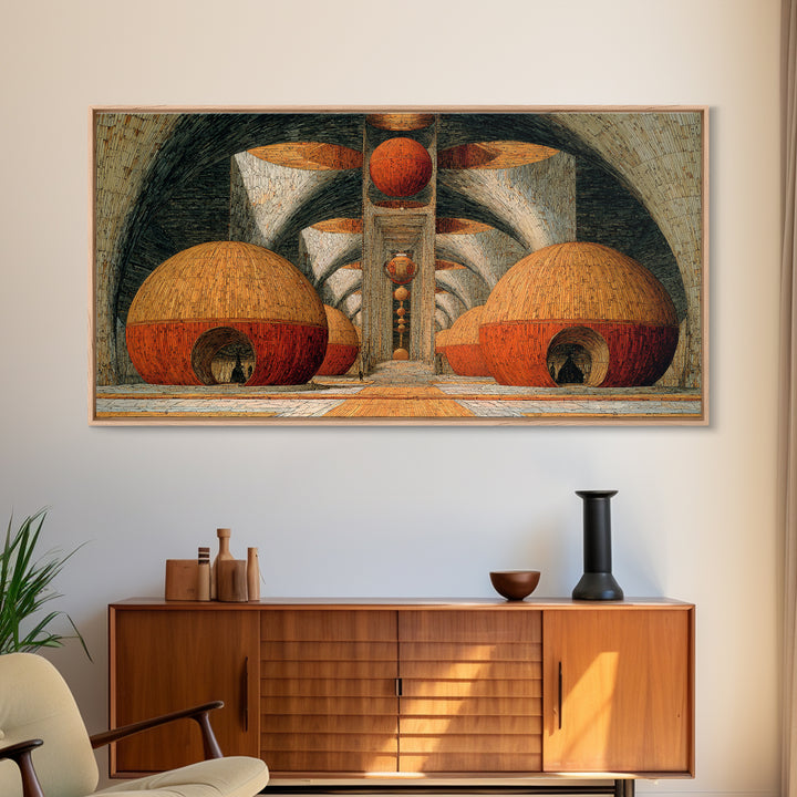 Abstract Orange Domes In Arched Hall Framed Canvas Print, Modern African Art Abstract, Geometric Wall Art, Bold Home Decor