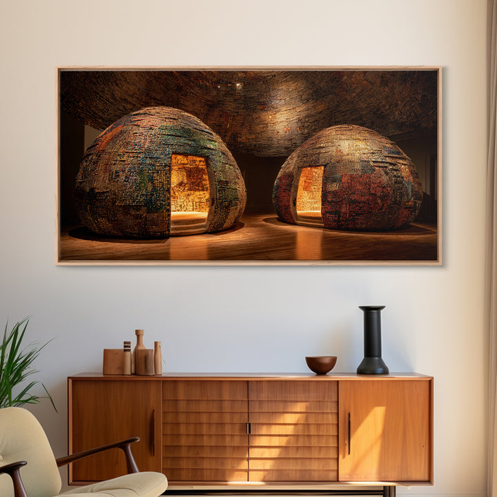 Glowing Woven Dome Huts Framed Canvas Print, Warm Earth Tone Wall Art, African Home Decor, Rustic Decor, Statement Piece