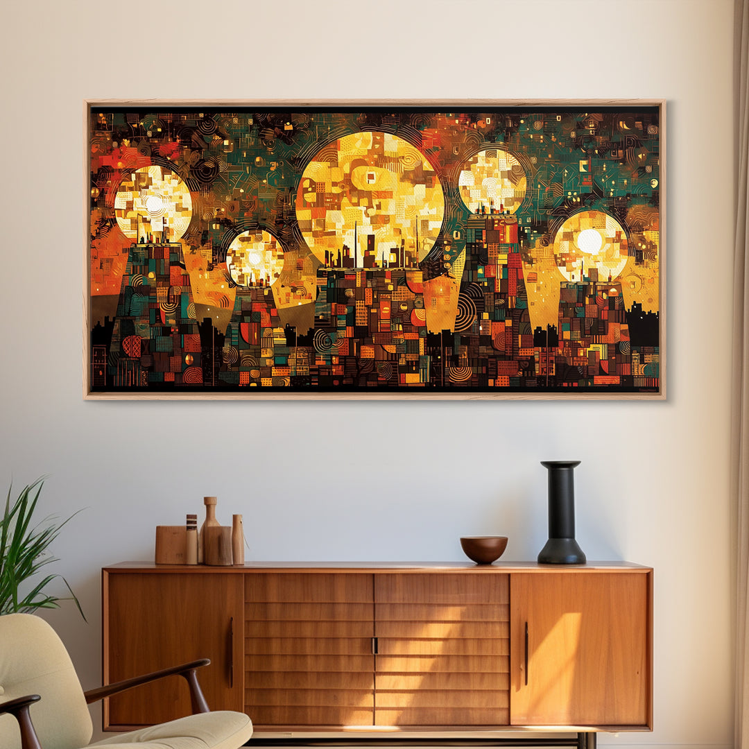 Golden Sun Mosaic City Wall Art, Abstract African Art Decor, Teal And Orange Canvas Print, Cultural Wall Art, Vibrant Decor