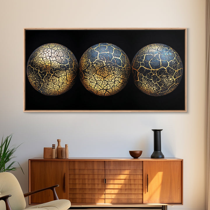 Three Cracked Gold Blue Planets Canvas Print, Celestial Abstract Wall Art, Black And Gold Art, Luxury Canvas Art, Office Decor