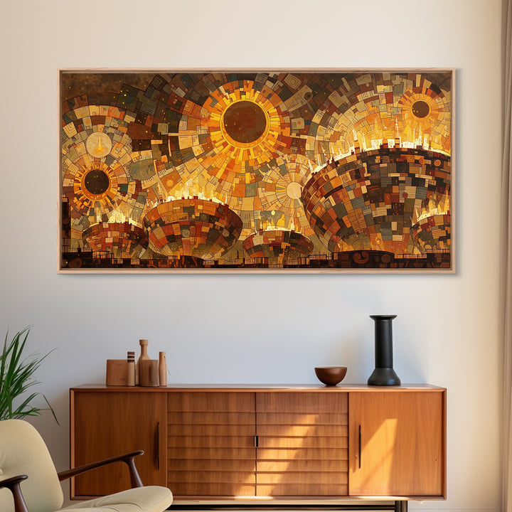 Radiant Golden Suns Over Dome City Wall Art, Abstract African Art Print, Burnt Orange Art, Modern Canvas Art, Bold Wall Decor