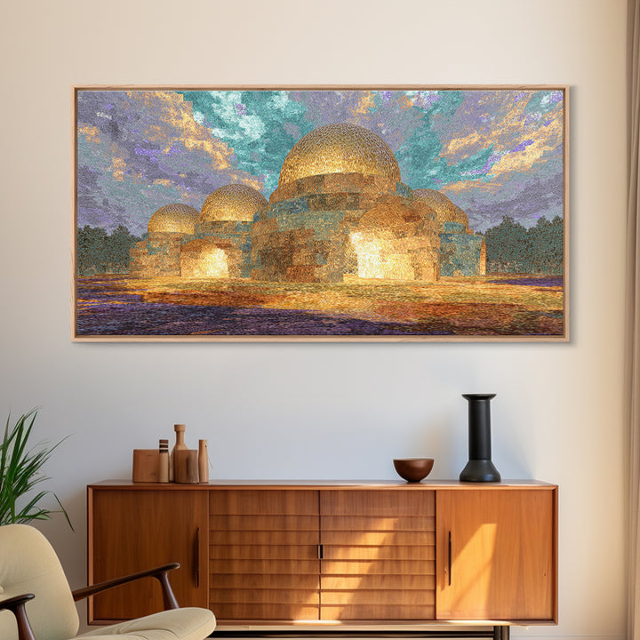 Glowing Golden Dome Palace Canvas Print, Dreamy Wall Art, African Inspired Architecture, Teal And Gold Decor, Elegant Home Art