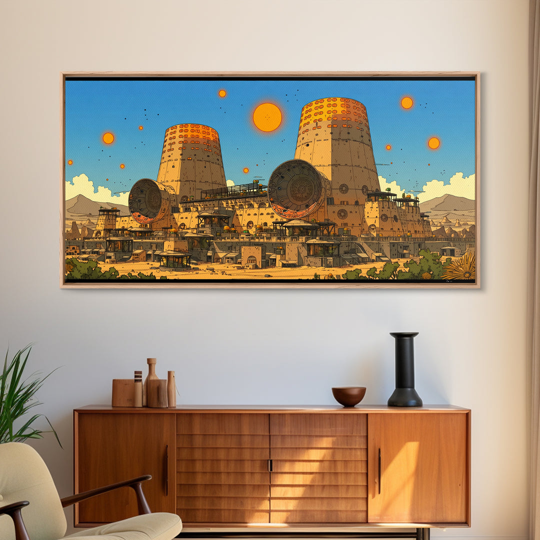 Desert Towers And Orange Suns Wall Art, Sci Fi African Inspired Settlement, Canvas Print, Modern Wall Decor, Unique Home Decor