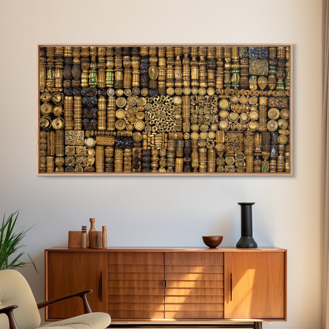Gold African Bead Mosaic Wall Art, Afrocentric Decor Canvas Print, Tribal Jewelry Pattern, Black Gold Luxury Home Decor Gift