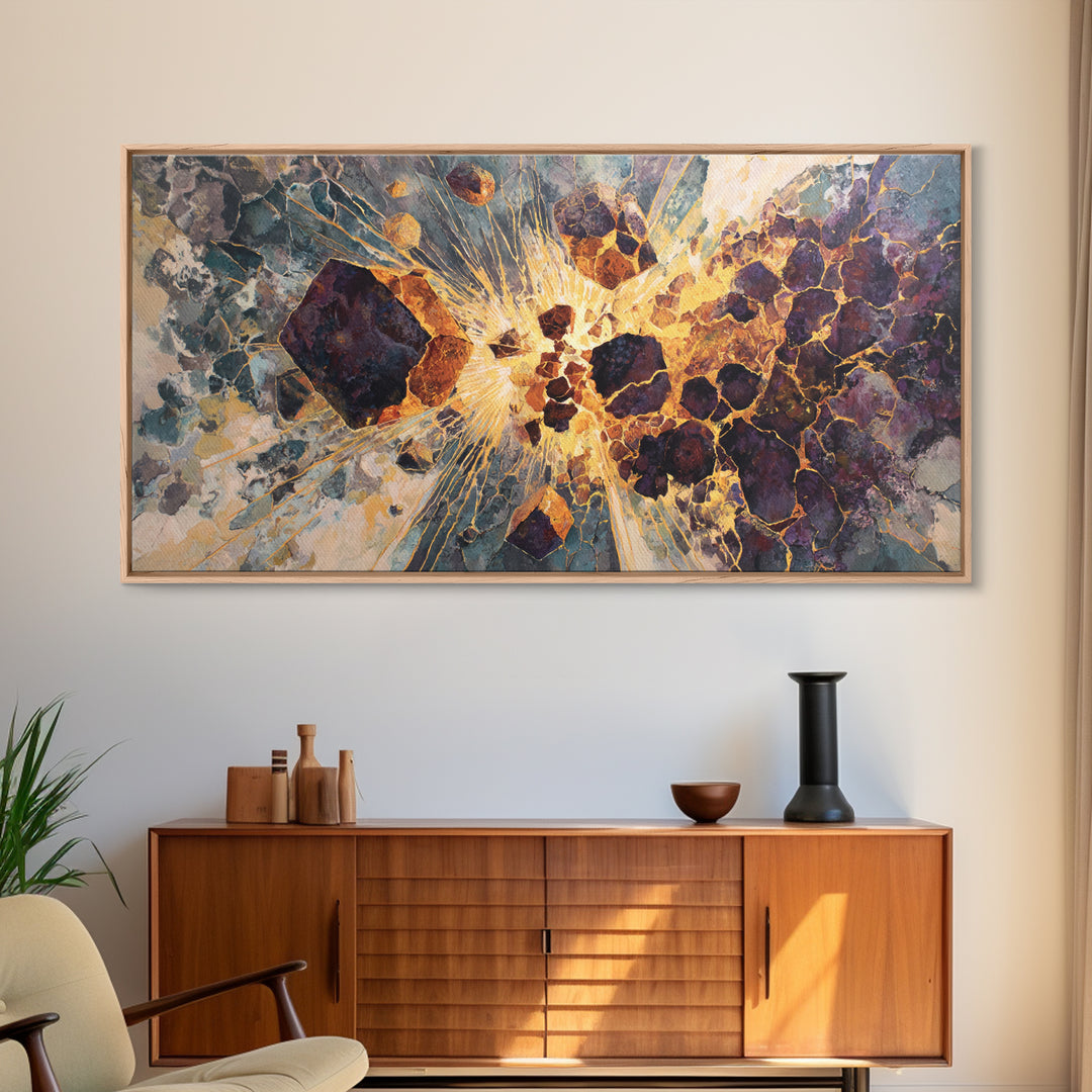 Exploding Gemstone Abstract Wall Art, Modern African Art Canvas Print, Gold Crackle Luxury Decor, Cosmic Statement Artwork
