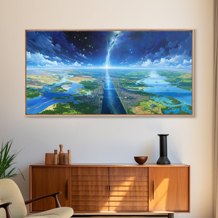Blue Futuristic Cityscape Wall Art, Dreamy Landscape Canvas Print, Modern Canvas Art, Sci Fi Skyline Living Room Decor Gift