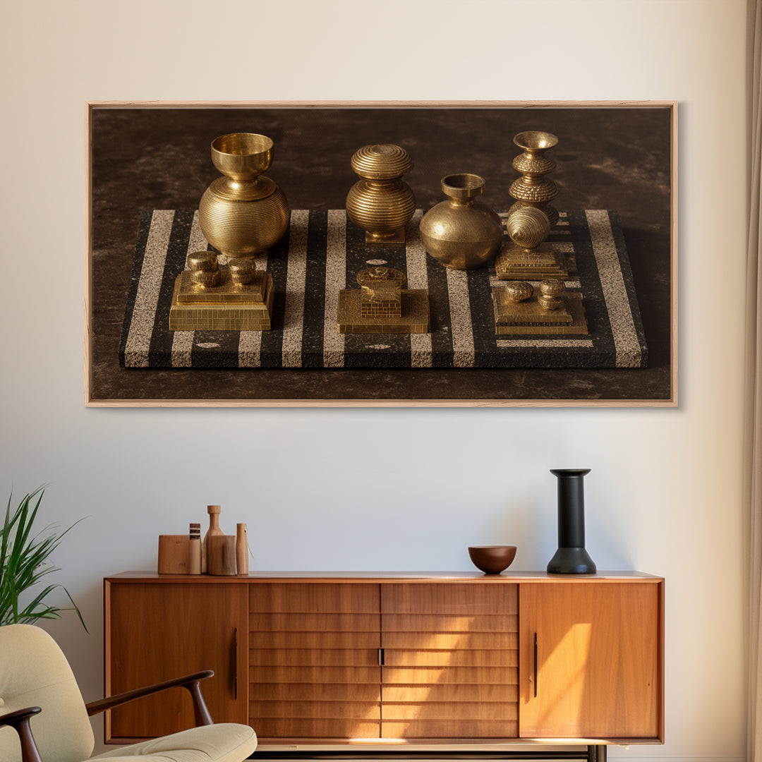 Golden Vessels On Striped Textile Wall Art, African Home Decor Canvas Print, Tribal Gold Still Life, Elegant Office Decor