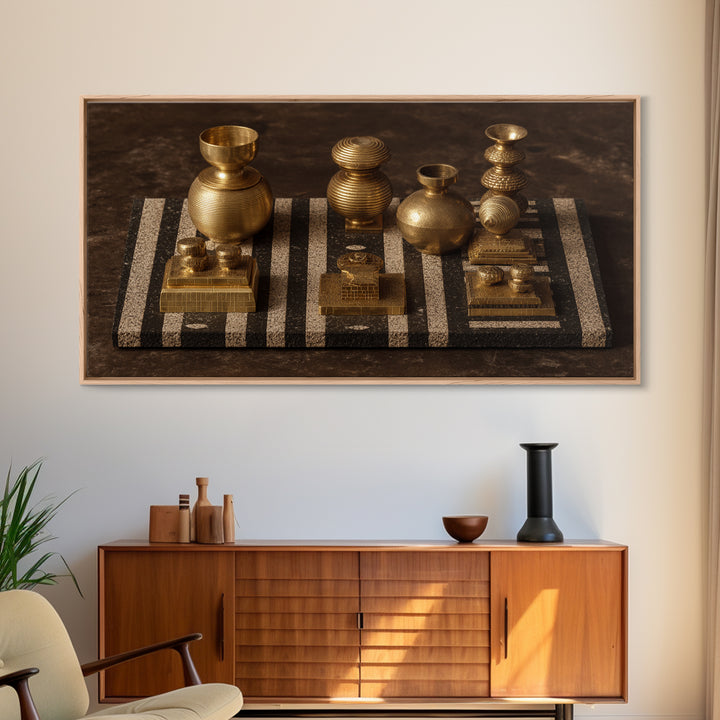 Golden Vessels On Striped Textile Wall Art, African Home Decor Canvas Print, Tribal Gold Still Life, Elegant Office Decor