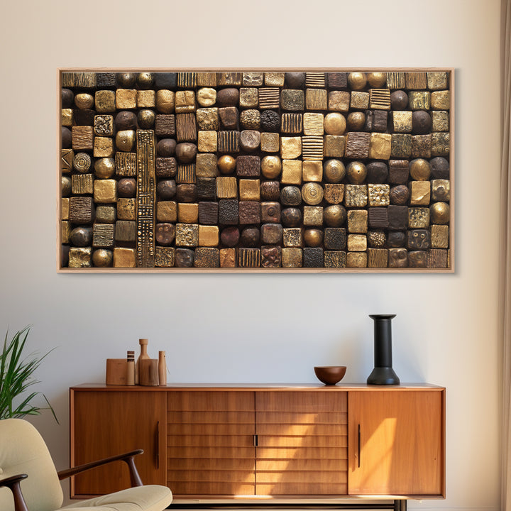 Bronze Gold Textured Mosaic Wall Art, Abstract African Art Canvas Print, Earth Tone Geometric Pattern, Bold Home Decor Gift