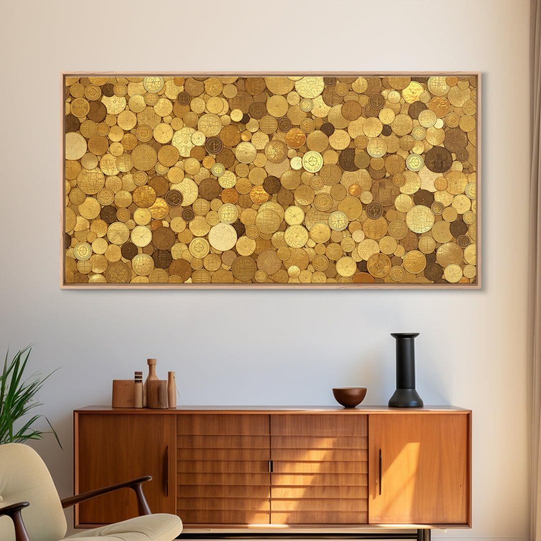 Golden Coin Disc Mosaic Wall Art, African Inspired Canvas Print, Textured Art Print, Gold Circle Pattern Home Decor Gift