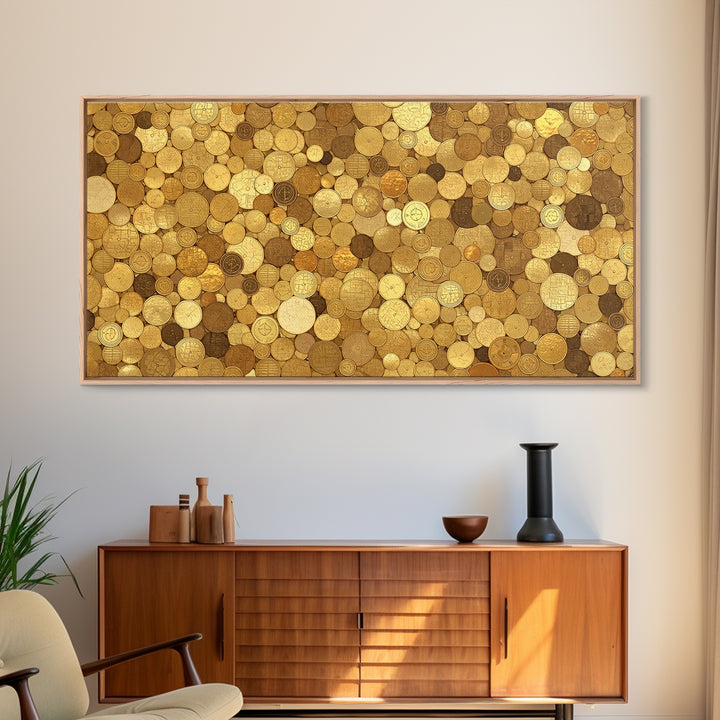 Golden Coin Disc Mosaic Wall Art, African Inspired Canvas Print, Textured Art Print, Gold Circle Pattern Home Decor Gift