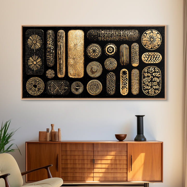 Black Gold Tribal Pattern Wall Art, African Abstract Canvas Print, Geometric Symbols, Luxury Statement Boho Home Decor Gift