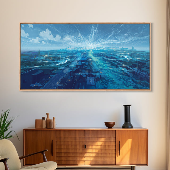 Blue Futuristic Digital Cityscape Wall Art, Afrofuturism Decor, Modern African Inspired Office Art, Luminous Skyline Print