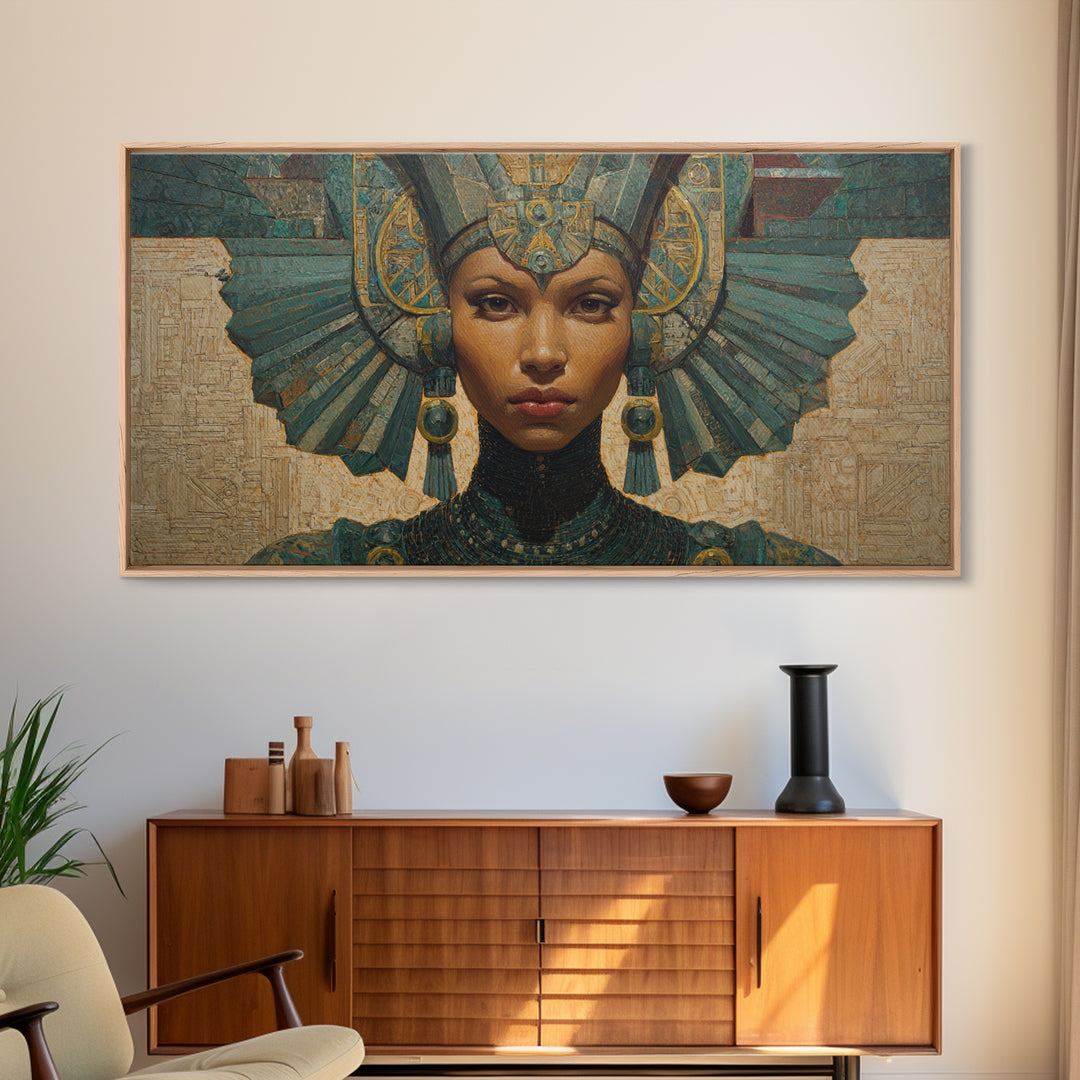 Regal Egyptian Queen Headdress Canvas Print, African Portrait Wall Art, Teal Gold Cultural Decor, Goddess Home Decor Gift