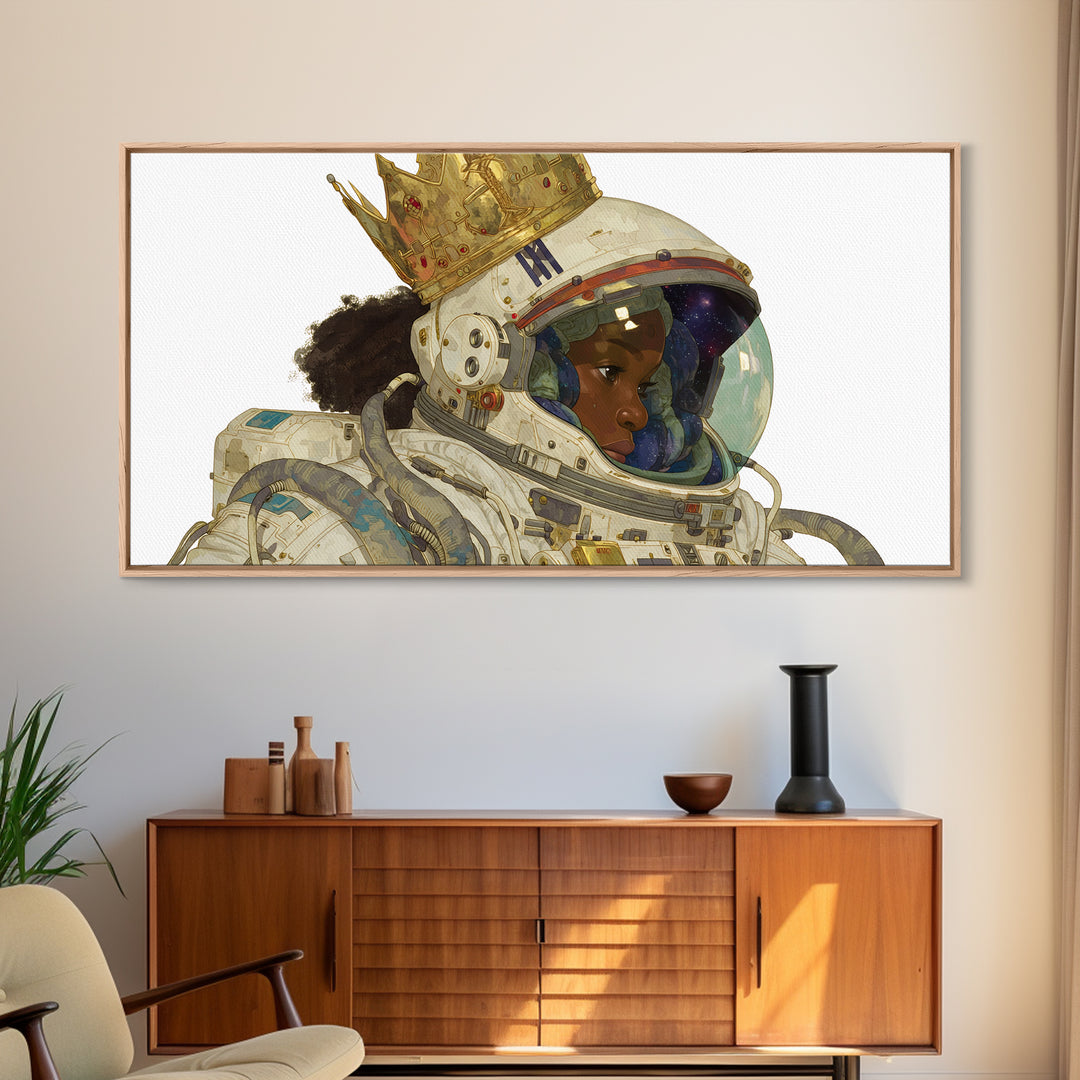 Crowned Black Girl Astronaut Framed Canvas Print, Afrofuturism Wall Art, Black Queen Portrait, Space Galaxy Home Decor Gift