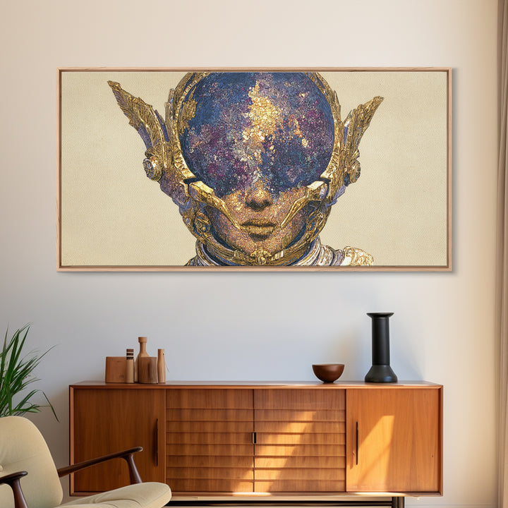 Cosmic Gold Goddess Face Wall Art, African Abstract Portrait, Mystical Afrocentric Decor, Fantasy Figure Luxury Canvas Print