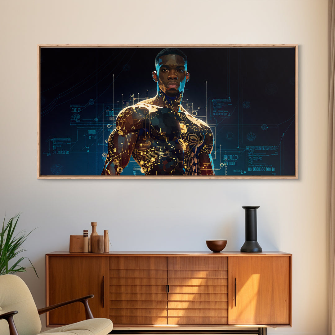 Powerful Black Cyborg Warrior Wall Art, Afrofuturism Decor, African American Art, Futuristic Tech Portrait Canvas Print Gift