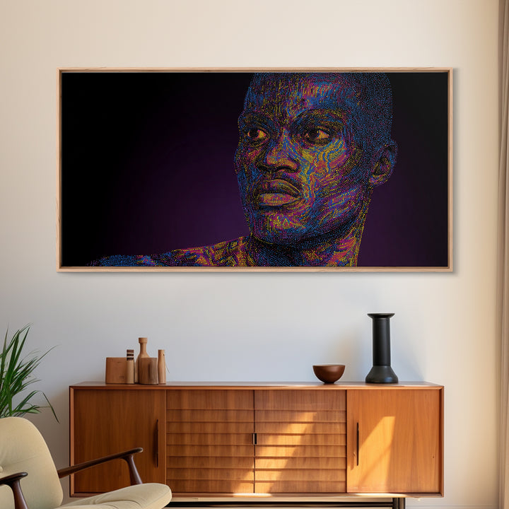 Neon Pointillist Black Man Portrait Canvas Print, African American Wall Art, Digital Afro Art, Modern Masculine Home Decor