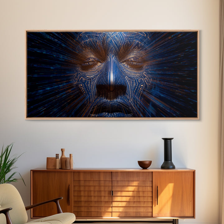 Blue Orange Digital Tribal Face Wall Art, African Mask Art, Afrofuturism Decor, Abstract Black Art, Statement Canvas Print