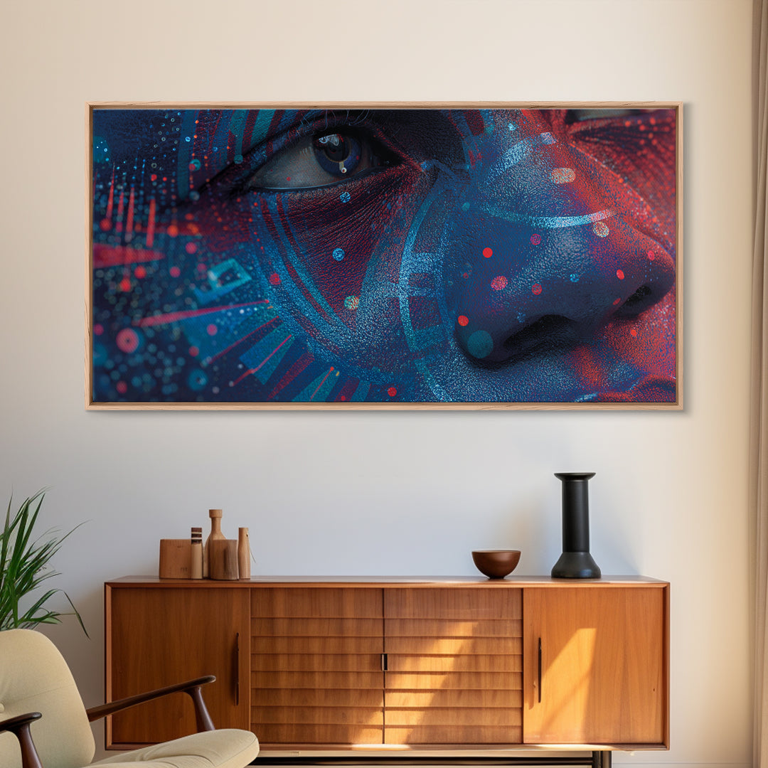 Blue Red Afro Futurist Face Close Up Wall Art, African Portrait, Black Beauty Art, Tribal Art Decor, Modern Canvas Print
