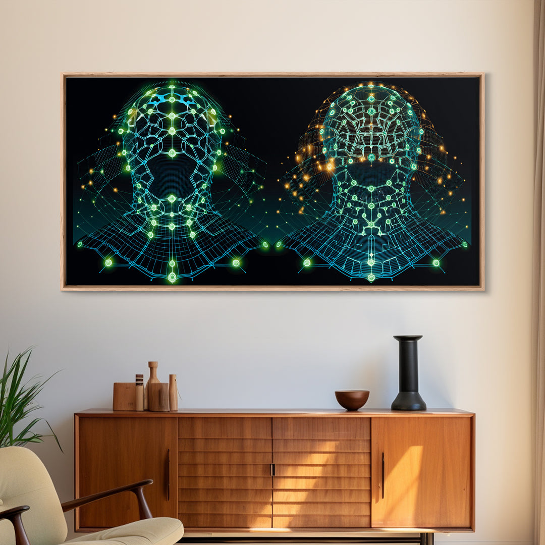 Glowing Cyber African Masks Canvas Print, Afrofuturism Decor, Tribal Mask Art, Digital Wall Art, Afrocentric Home Decor Gift