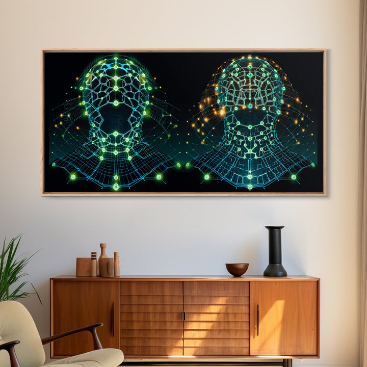 Glowing Cyber African Masks Canvas Print, Afrofuturism Decor, Tribal Mask Art, Digital Wall Art, Afrocentric Home Decor Gift