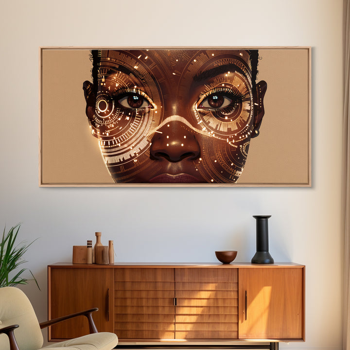 Golden Circuit African Woman Portrait Framed Canvas Print, Black Female Art, Afrocentric Wall Art, Luxury Canvas Art Decor