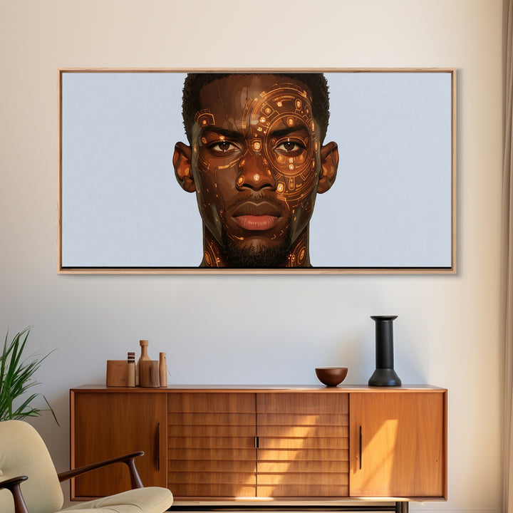 Orange Cyber Tribal Black Man Portrait Wall Art, African Portrait, Black Man Wall Art, Afrocentric Decor, Modern Canvas Art
