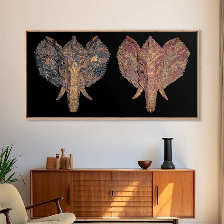 Textured Twin Elephant Mask Canvas Print, African Elephant Art, Tribal Mask Canvas, Safari Decor, Unique Wall Decor Gift