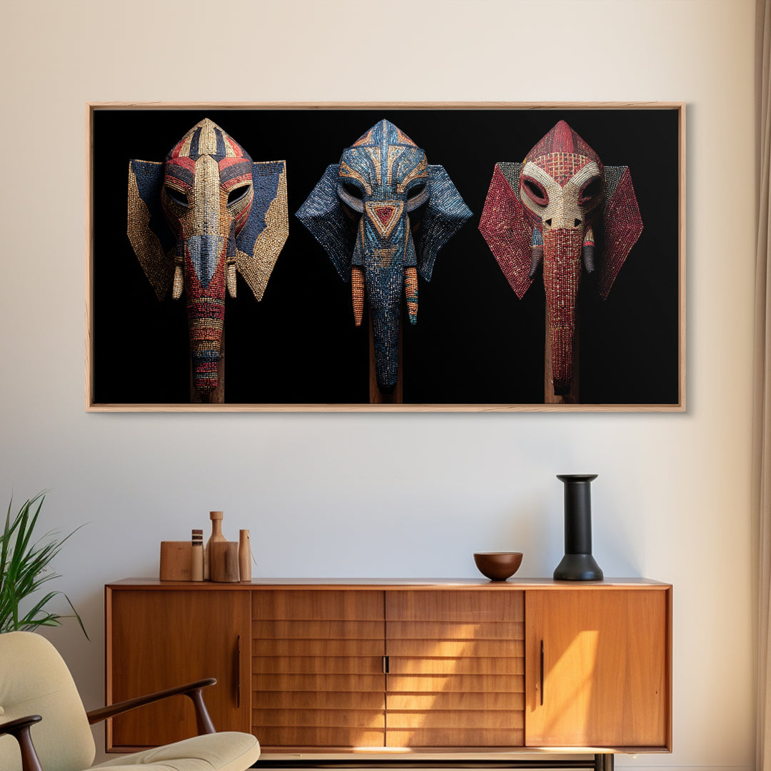 Three Beaded Elephant Tribal Masks Framed Canvas Print, African Mask Art, Safari Wall Art, Colorful African Art Decor Gift