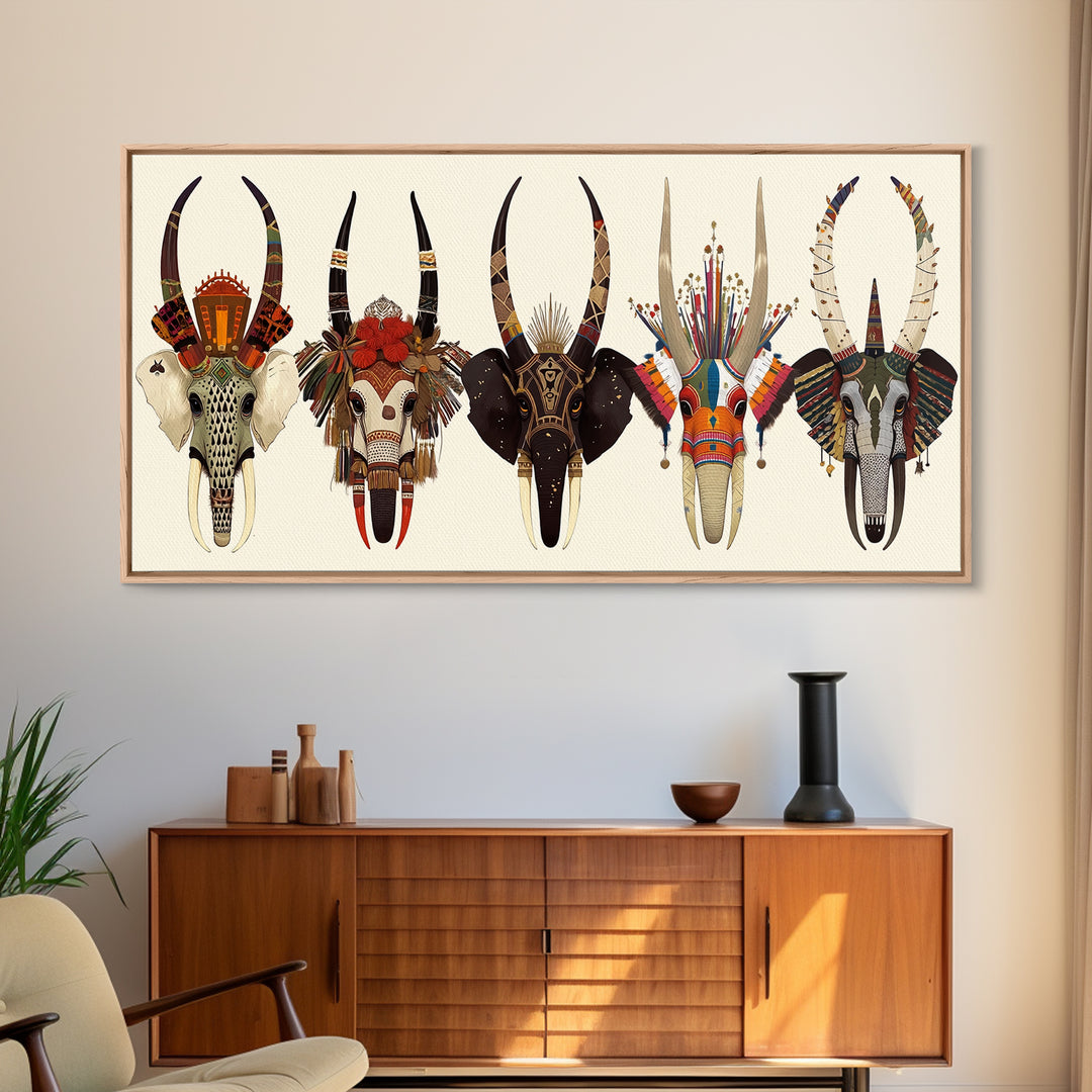 Horned African Animal Skull Masks Wall Art, Tribal Mask Art, African Safari Art, Cultural Wall Decor, Statement Piece Gift