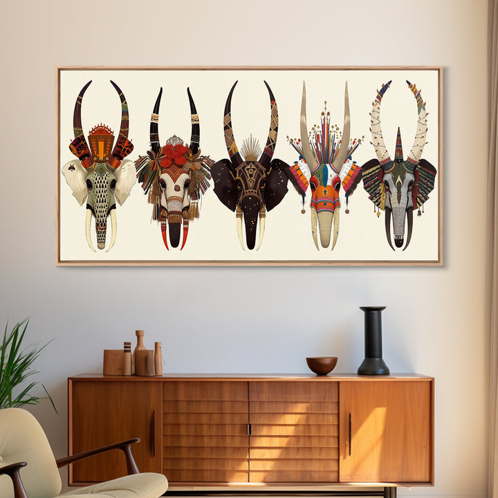 Horned African Animal Skull Masks Wall Art, Tribal Mask Art, African Safari Art, Cultural Wall Decor, Statement Piece Gift