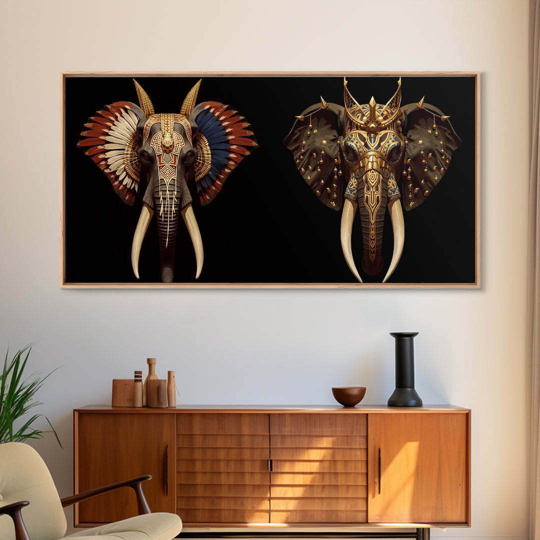 Ornate African Elephant Mask Wall Art, Gold Tribal Safari Decor, Afrocentric Animal Artwork, Luxury Canvas Print For Home
