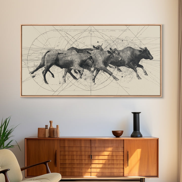 Running African Cattle Sketch Wall Art, Beige Ink Herd Drawing, Rustic Farmhouse Decor, Textured Canvas Print For Office