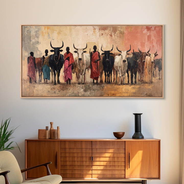 Maasai Herders With Longhorn Cattle Framed Canvas Print, African Safari Wall Art, Earth Tone Tribal Living Room Decor Gift