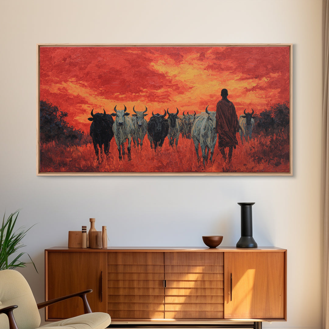 Red Sunset Cattle Drive Wall Art, Maasai Herder Safari Painting, African Landscape Decor, Dramatic Canvas Print For Home