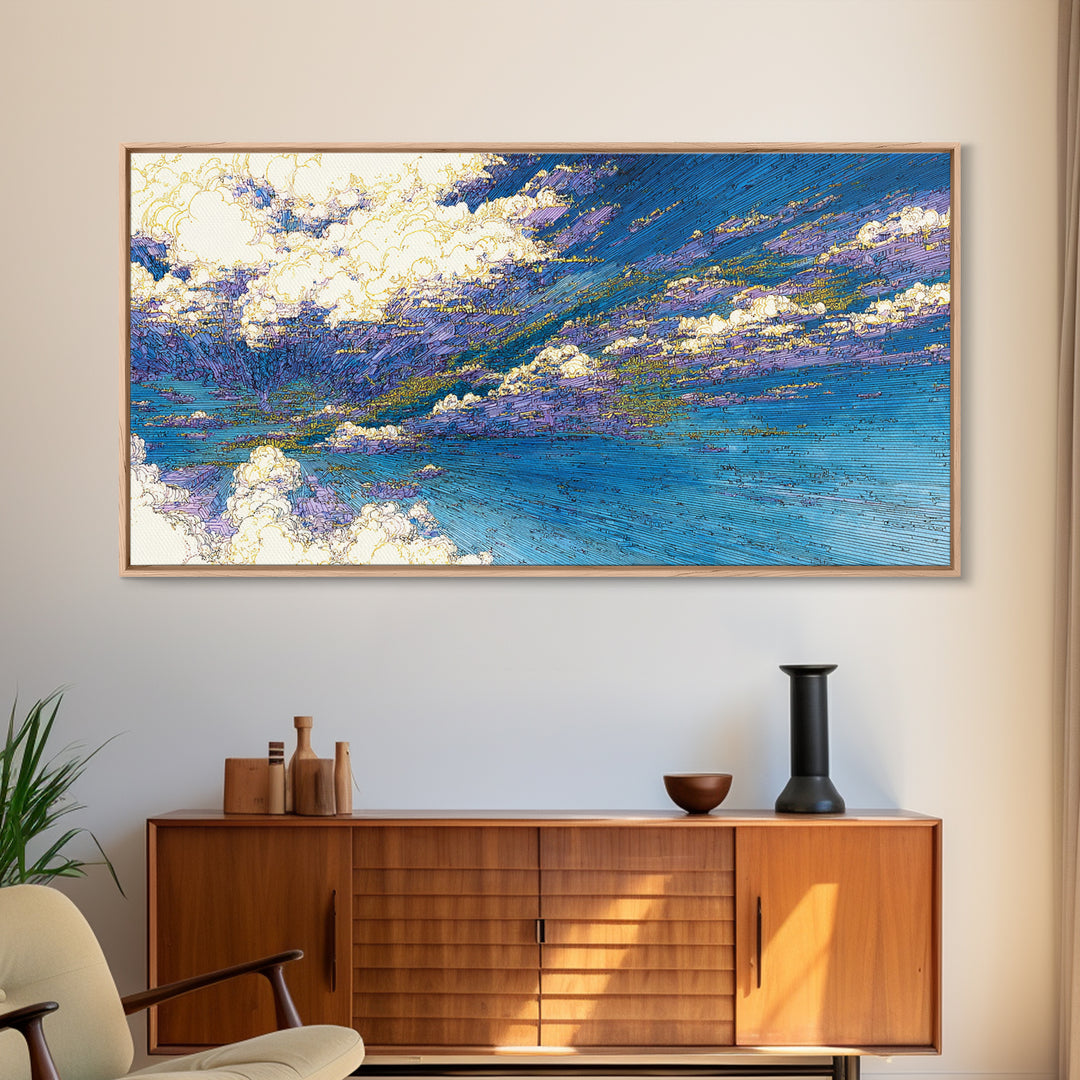 Blue Abstract Ocean Sky Wall Art, Textured Coastal Landscape Painting, Modern Canvas Print, Dreamy Home Decor Gift For Living Room