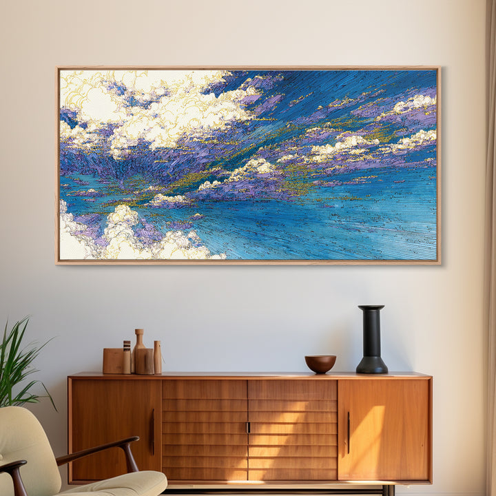 Blue Abstract Ocean Sky Wall Art, Textured Coastal Landscape Painting, Modern Canvas Print, Dreamy Home Decor Gift For Living Room