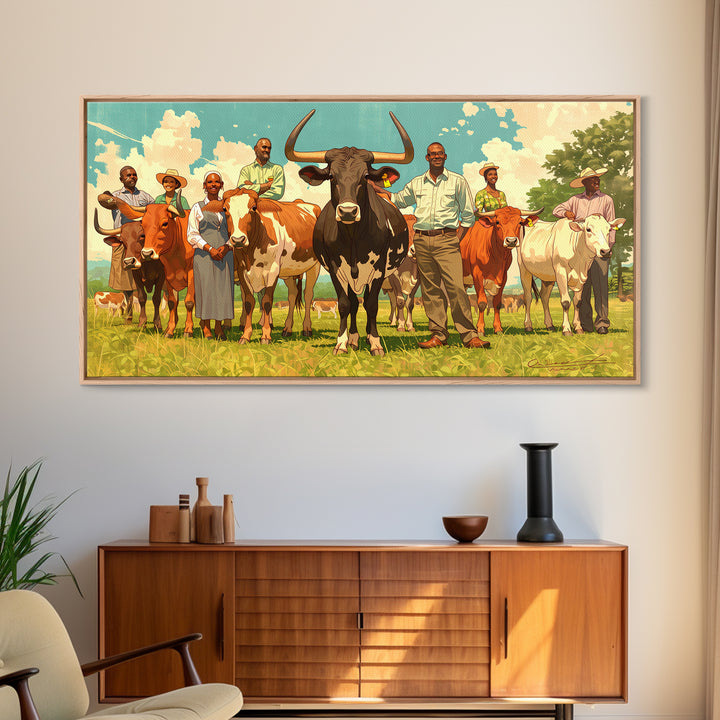 African Family With Cattle Wall Art, Sunny Pasture Portrait, Afrocentric Farm Decor, Vibrant Canvas Print For Living Room