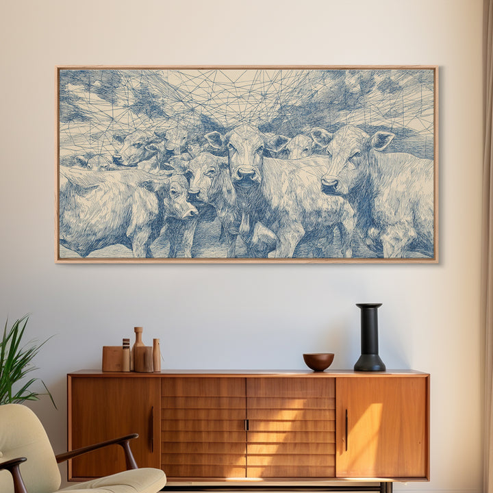 Blue Ink Cattle Herd Wall Art, African Pastoral Drawing, Geometric Farm Animal Decor, Minimalist Canvas Print For Office